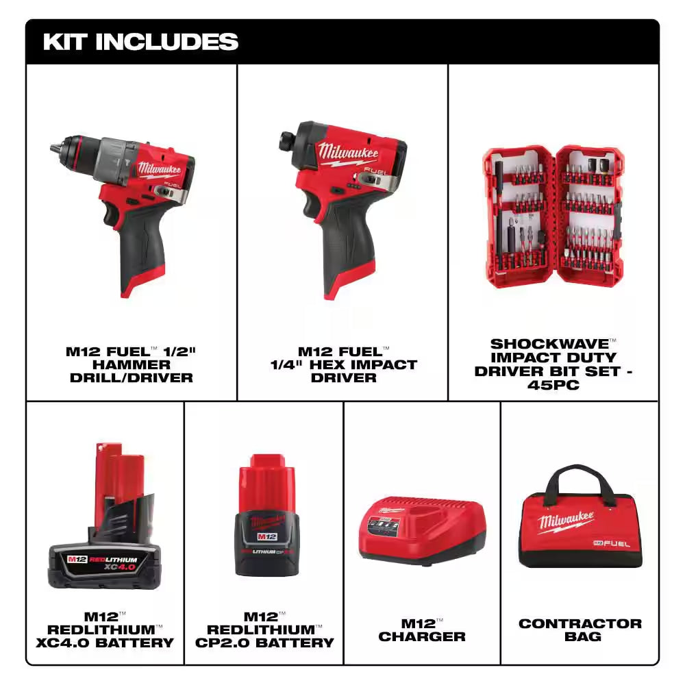 M12 FUEL 12-Volt Lithium-Ion Brushless Cordless Hammer Drill and Impact Driver Combo Kit with 45-Piece Bit Set
